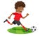 Funny African American soccer football player wearing red t-shirt running kicking a ball and smiling