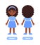 Funny Afro Black Girl in Dress and Shoes. Child has curly hair. Baby is standing in Front and Back of the view. Illustration for