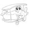 Funny airplane character with big eyes in a black outline for coloring, isolated object on a white background,