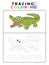 Funny Alligator Crocodile Animal Tracing and Coloring Book with Example. Preschool worksheet for practicing fine motor and color