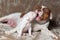 Funny American Bulldog puppy with mother