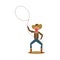 Funny American cowboy in a red bandana twists a lasso. Vector illustration in flat cartoon style