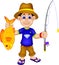 Funny angler cartoon bring fish and fishing equipment