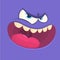 Funny angry cartoon monster face. Vector Halloween violet cool monster avatar with wide smile.