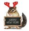 Funny animal chipmunk with christmas deer horns hold blackboard