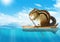 Funny animal, chipmunk floating at ocean, travel concept