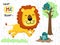 Funny animals cartoon in jungle, lion running, bird on tree, mole rat on ground