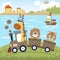 Funny animals cartoon vacation with steam train