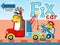 Funny animals cartoon vector on vehicles. Tow truck, car, on bricks background