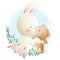 Funny animals cute bunny embraces teddy bear