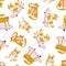 Funny animals drink coffee and ride a skateboard. Vector seamless pattern with cats and dogs.