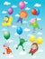 Funny animals flying on balloons in clouds