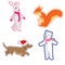 Funny animals in the form of stickers. White bear, Christmas Dachshund, red squirrel and hare.