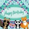 Funny animals. Owl, fox, raccoon, panda. Happy birthday card. Vector.