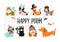 Funny animals, pets. Cute dogs and cats with a colorful carnival costumes, vector illustration. Happy Purim banner