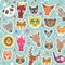 Funny Animals seamless pattern on light blue Polka dot background. lion, kangaroo, horse, bear, mouse, raccoon, deer, owl, jaguar,