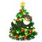 Funny animated cat with yellow eyes jumping in front of Christmas tree isolated on white background. Sketch of festive