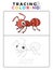 Funny Ant Insect Animal Tracing and Coloring Book with Example. Preschool worksheet for practicing fine motor and color