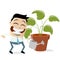 Funny asian businessman with houseplant