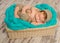 Funny asleep newborn baby in wicker cot