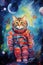 funny astronaut cat in space suit, fun kitty in spacesuit flying in cosmos