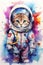 funny astronaut cat in space suit, fun kitty in spacesuit flying in cosmos