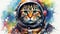funny astronaut cat in space suit, fun kitty in spacesuit flying in cosmos