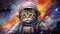 funny astronaut cat in space suit, fun kitty in spacesuit flying in cosmos