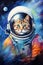 funny astronaut cat in space suit, fun kitty in spacesuit flying in cosmos