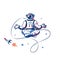 Funny astronaut meditating in space. Man in spacesuit sitting in calming lotus position. Space exploration fun