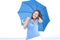 Funny attractive mature woman blue umbrella