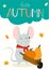 Funny autumn card with cartoon rat and pumpkins. Vector illustration. Year of the Rat.