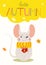 Funny autumn card with cute rat. Vector illustration. Year of the Rat.