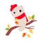 Funny Autumn Grumpy Cat Wear Scarf and Beret Sitting on Tree Branch Vector Illustration