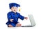 Funny baby in academician clothes with laptop