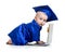 Funny baby in academician clothes using laptop