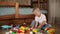 Funny baby boy with educational toy blocks.