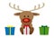 Funny baby Christmas Rudolf reindeer with three presents