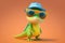 Funny baby crocodile with sunglasses and blue hat on orange background. Generative AI