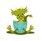 Funny baby dragon in blue broken egg shell. Green mythical monster with cute muzzle. Flat vector icon