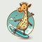 Funny baby giraffe surfing on the beach. Color illustration. Generative AI