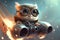funny baby owl in a flying object with aviator goggles in the sky