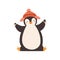 Funny baby penguin enjoying winter season vector flat illustration. Happy polar bird wearing chullo hat with pompom
