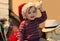 Funny baby in Santa hat with a stuffed teddy