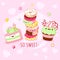 Funny background with cute sweet foods in kawaii style