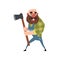 Funny bald lumberjack posing with his axe. Cartoon bearded man in green checkered shirt and blue coveralls. Forest