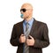Funny bald man in suit with soother