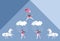 Funny ballet dancers, clouds, rain from little hearts and cute cartoon horses isolated on blue background. Space for text.