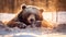 Funny of a bear digging its nose in the snow and sweeping it away. Generative AI