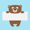 Funny bear hanging on paper board template.Big eyes. Kawaii animal body. Cute cartoon character. Baby card. Flat design style. Blu